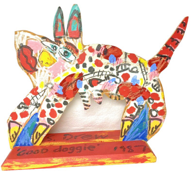 NANCY SWAN DREW 3D ART ''GOOD DOGGIE'' HAND PAINTED WOOD,STAND,LARGE 27''x24'',GIFT!