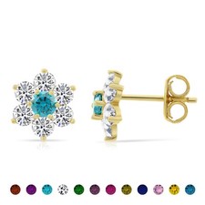925 Solid Sterling Silver Gold Plated Flower Halo Birthstone CZ Studs Earrings