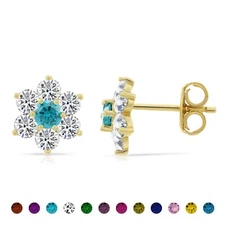 925 Solid Sterling Silver Gold Plated Flower Halo Birthstone CZ Studs Earrings