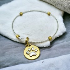 Paw Print Bangle Bracelet Charm Pet Memorial Dog Silver Cable 3D Paw Gold Heart