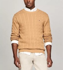  94.5 Tommy Hilfiger Men's Cotton Cable Knit Crewneck Sweater Pinecone Tan M