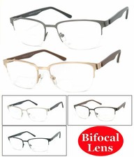 Metal Frame Semi Rimless Square Bifocal Reading Glasses Spring Hinges Temples