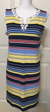 NWT Rafaella size SP navy yellow white striped sleeveless shift dress women's