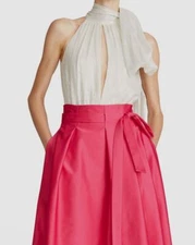 $375 Halston Women's Ivory An Lurex Chiffon Silk-Blend Bodysuit Size 14