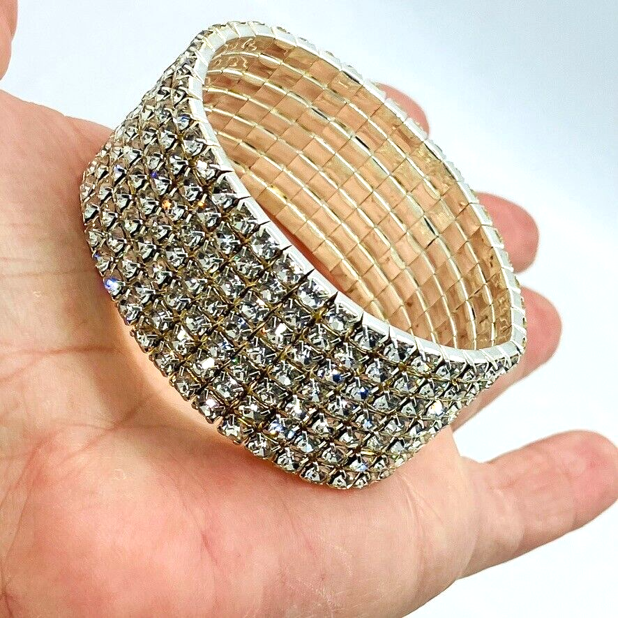 Stretchy Sparkle Bracelet with 7 Glass Rows in Silver-Tone Metal Elastic Band-image