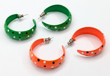 VTG Orange & Green Enamel Retro Polka Dot Pierced 3/4 Hoop Earrings Set of 2