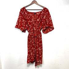 SheIn Red Floral Wrap Midi Dress Boho Cottagecore Prairie Belted Womens Size L