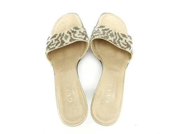 GUCCI Mule Sandals #34 Half C Beads Band Beige x Khaki Beads x Leather GUCCI t11 thumbnail 2
