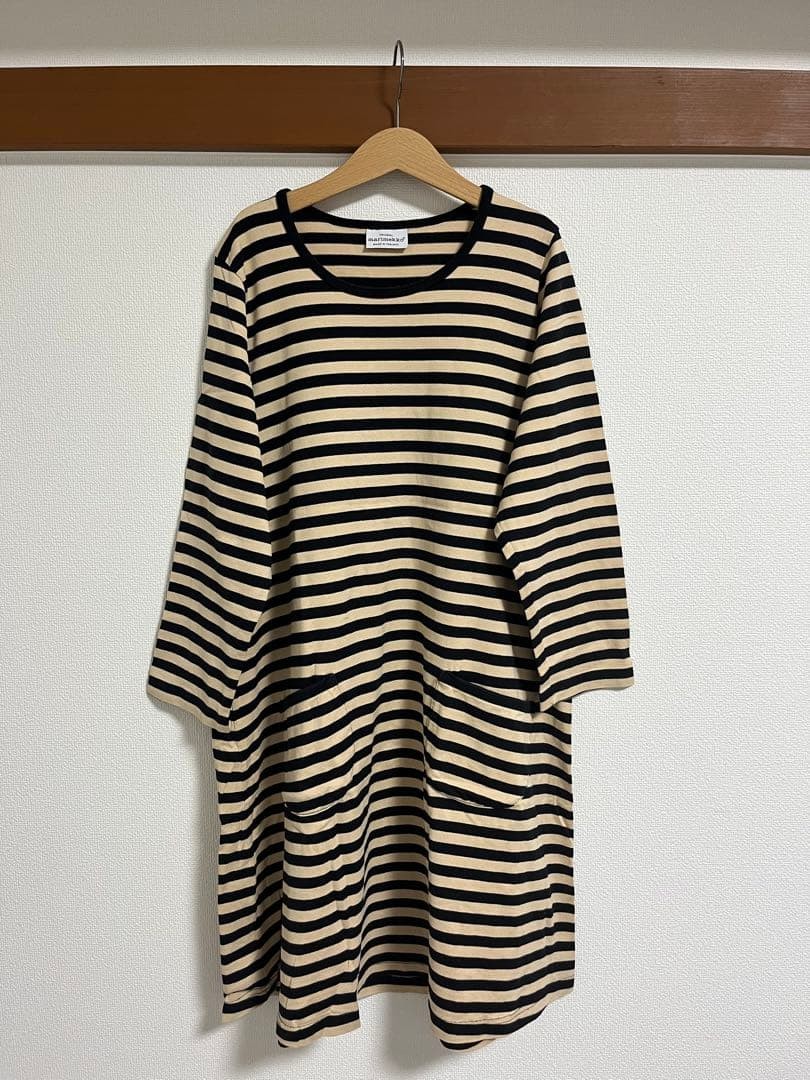 Marimekko Black Beige Border One Piece Dress Women's S Pleats Used