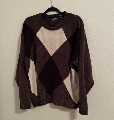Vintage Mens Trader Bay Argyle Sweater Color Block Brown Tonal Crewneck XL