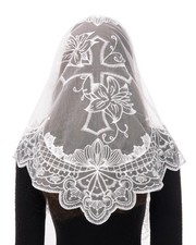 White Mantilla Veils Catholic Triangle Lily Cross Embroidered Veil for Church...