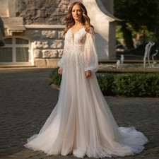 Elegant Decal Wedding Dress Long Sleeved Deep V-neck Button Up Party Ball Gown