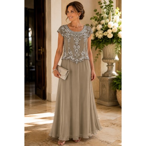 JKara Gown Womens 12 Tan Beaded Sequin Cap Sleeve Scalloped Formal Maxi Dress