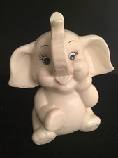 Vintage K's Collection White Ceramic Blue Eyed Baby Elephant Bank w/ Stopper