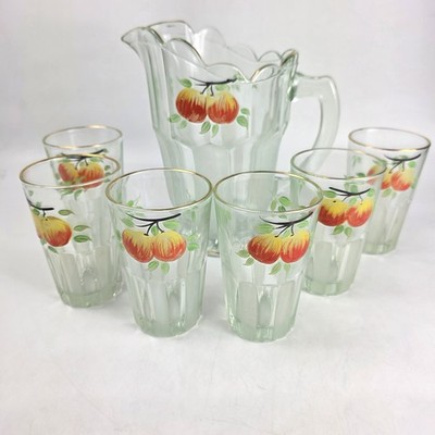 Vintage Englisch Glas Limonade Saft Set Apfel Design Kanne Krug 6 Becher