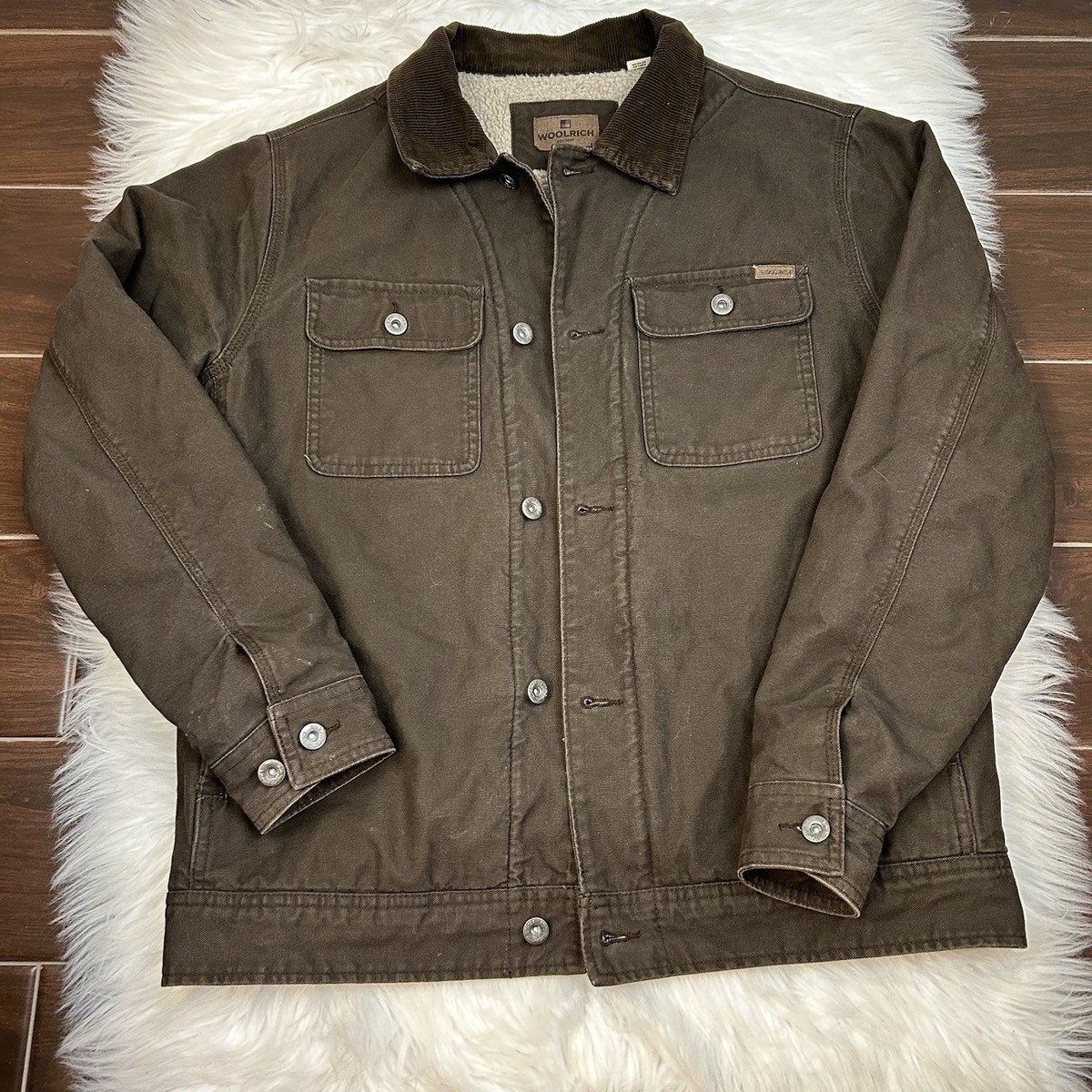Woolrich Mens Duck Canvas Chore Jacket M Dark Brown Sherpa Lined Corduroy  Collar