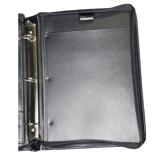 Black Leather Portfolio Binder w/ Solar Calculator Zip Around Organizer 3-Ring. - Picture 5 of 15