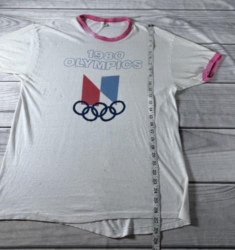 Vintage 1980 Summer Olympics T-Shirt Hanes Ringer Size XL Mockba Moscow Thin - Picture 8 of 9