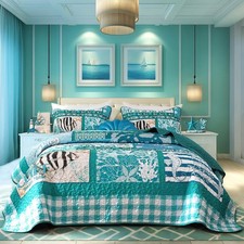 Coastal King Size Quilt Set 3 Piece,Summer Beach Bedspread Coverlet Lightweight