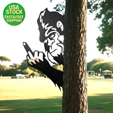 Peeking Bigfoot Flipping Middle Finger Metal Sign Outdoor Garden Fence Decor