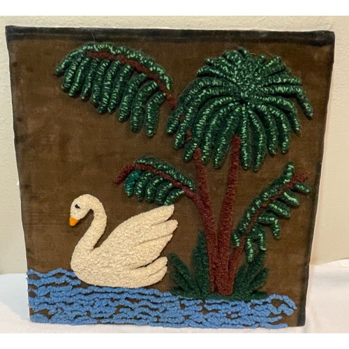 vtg punch needle embroidery on black velvet 16" x 16" Dated 1938 Swan