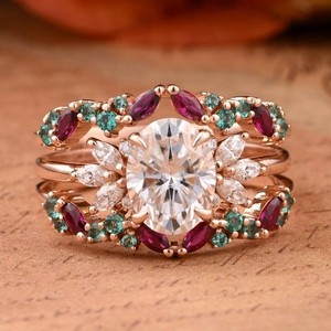 Exquisite Art Deco Moissanite & Ruby Rose Gold Plated Silver Ring