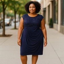 Connected Apparel Womens 24W Navy Blue Faux Wrap Sequin Sheath Cocktail Dress