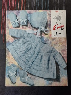 Vintage Emu Baby Set 3Py Strickmantel Mütze Booties Strickmuster 977- 1-12 Monate
