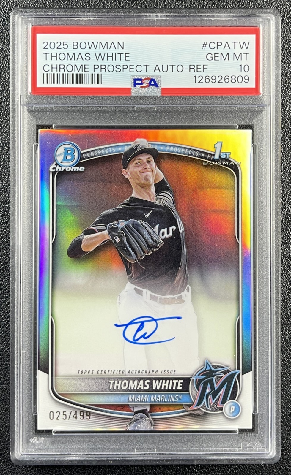 THOMAS WHITE PSA 10 2025 BOWMAN CHROME CPA-TW REFRACTOR 1ST PROSPECT AUTO 25/499 view 1