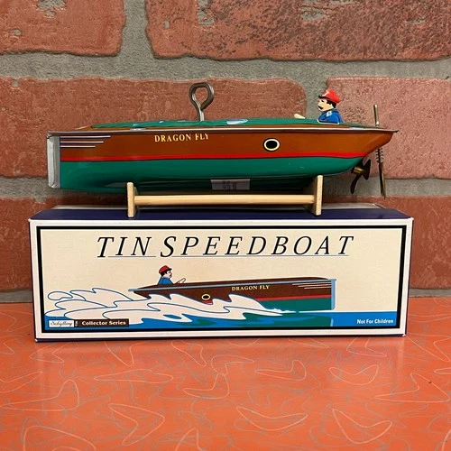 Vintage 1996 Schylling Tin Speedboat Wind Up Toy In Box Tested Works Dragon Fly