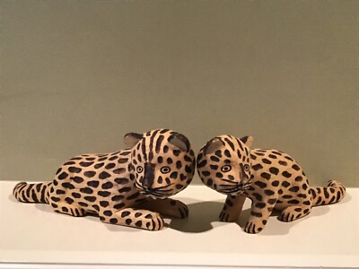 Wooden Hand Carved Leopard Figurines Set of 2