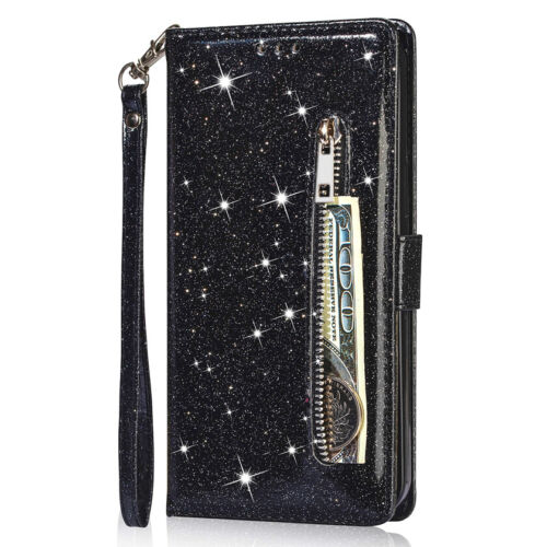 For Xiaomi Redmi Note 11s 10s 9s 8 Pro Glitter Wallet Case Card Zip Flip Cover - Picture 13 of 18
