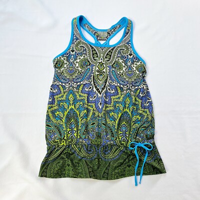 Athleta Tank Top Womens Small Blue Green  Tic Tac Toe Built Bra Drawstring Waist
