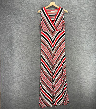 Calvin Klein Dress Women 6 Red Striped Maxi Long V-Neck Sleeveless Rayon Casual
