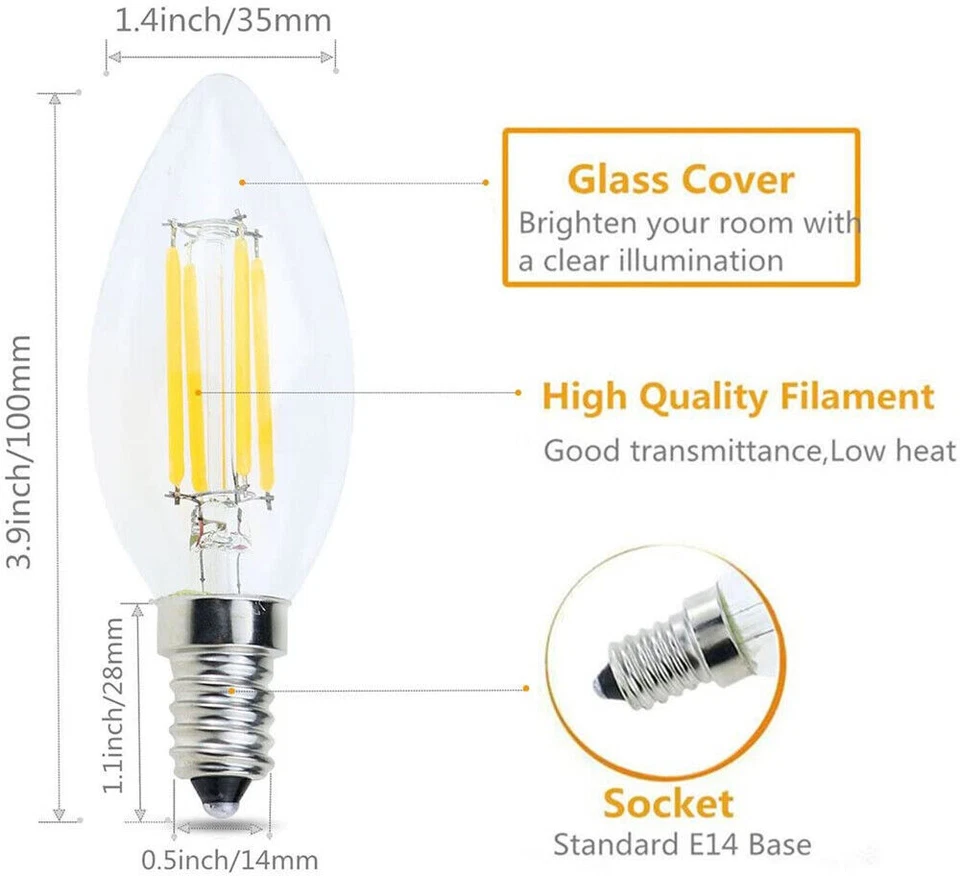 E14 6W 4W Dimmable LED Candle Lamps Filament Night Light Bulbs Edison Screw SES - Image 3 of 4