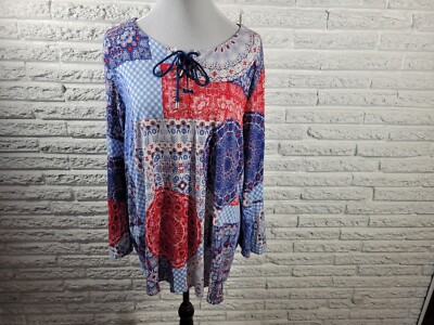 Ruby Rd Womens Top 1X Plus Bell Sleeve Red Blue Bandana Plaid Floral Lace Up