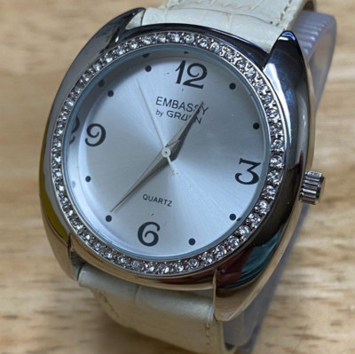 Embassy Gruen Unisex Silver Rhinestone Leather Analog Quartz Watch~New Battery