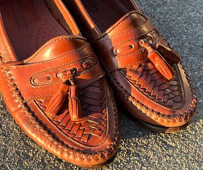Florsheim Brown Leather Woven Tassel Loafers Mens 10.5 Made In