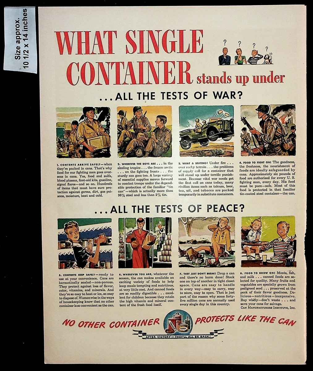 1943 Can Manufacturers Institute Food Container War Vintage Print 