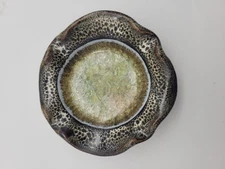 Studio Art Pottery Green/Crackle Glass Bottom Circle Shaped Trinket Dish