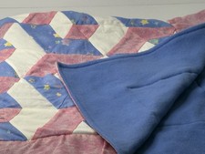 Handmade Baby Quilt Pink Blue White Patchwork Stars Fleece Back 37 x 38