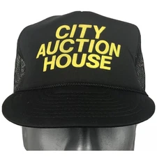 City Auction House Black Yellow Mesh Snap Back Trucker Hat Vintage Ohio Collecti