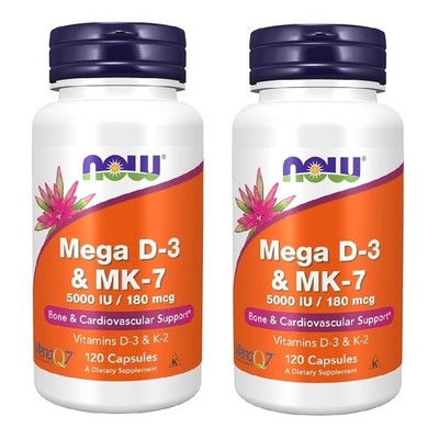 NOW Foods Mega D-3 & MK-7 5000IU / 180mcg - 120 Capsules [2 Pack] EXP 06/2029