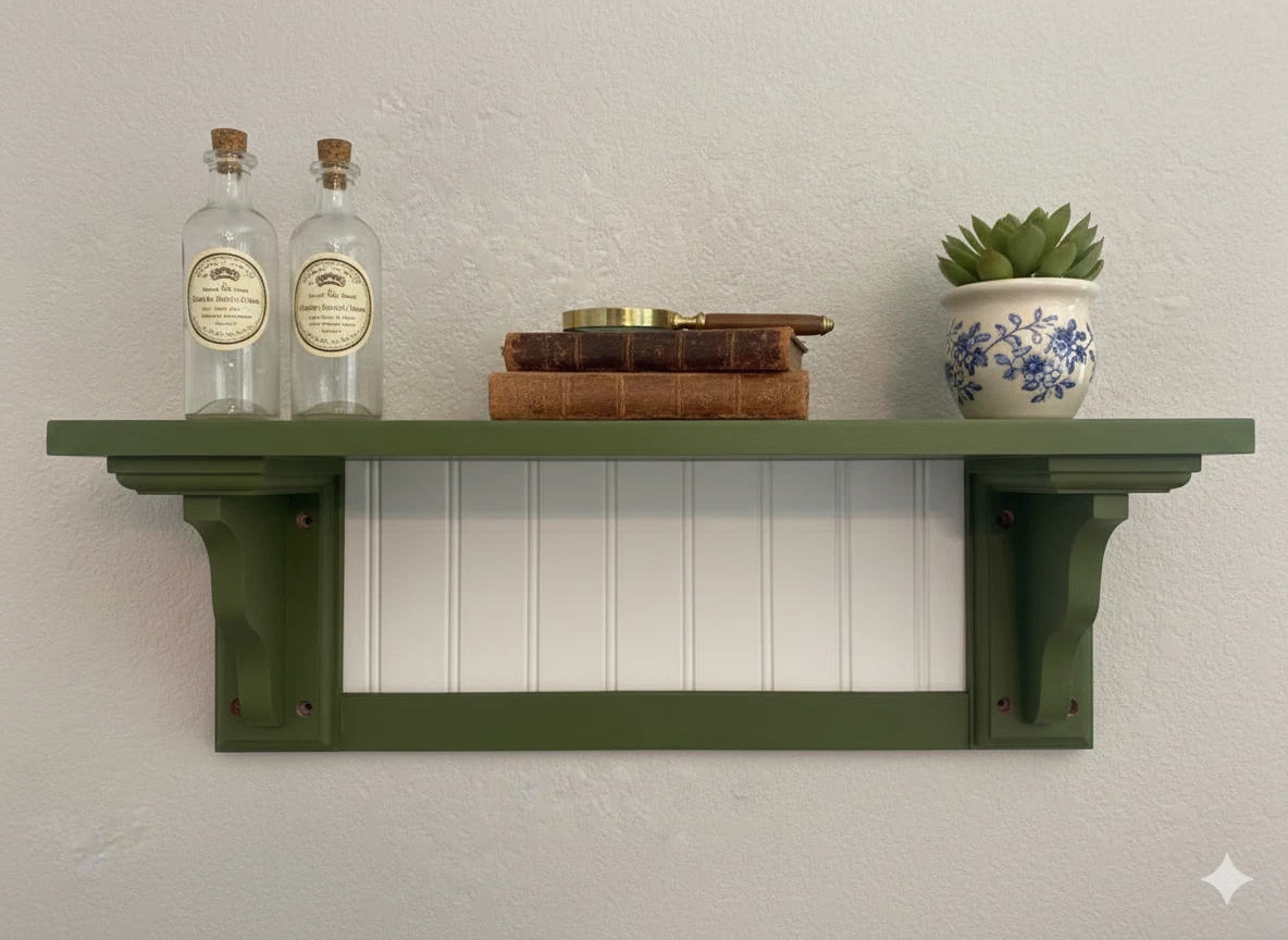 24" Wall Shelf - OakMoss Green with White Wainscoting Accent Center - Handmade