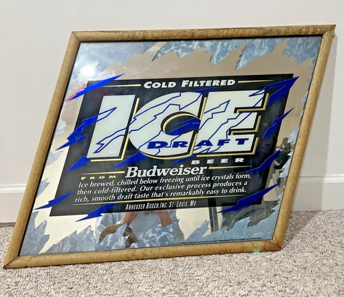 Vintage 1993 Budweiser Cold Filtered Ice Draft Beer Mirror Sign