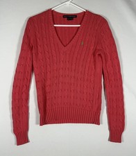 Ralph Lauren Sport Sweater Womens Medium Dark Pink Cable Knit V-Neck Pony Preppy