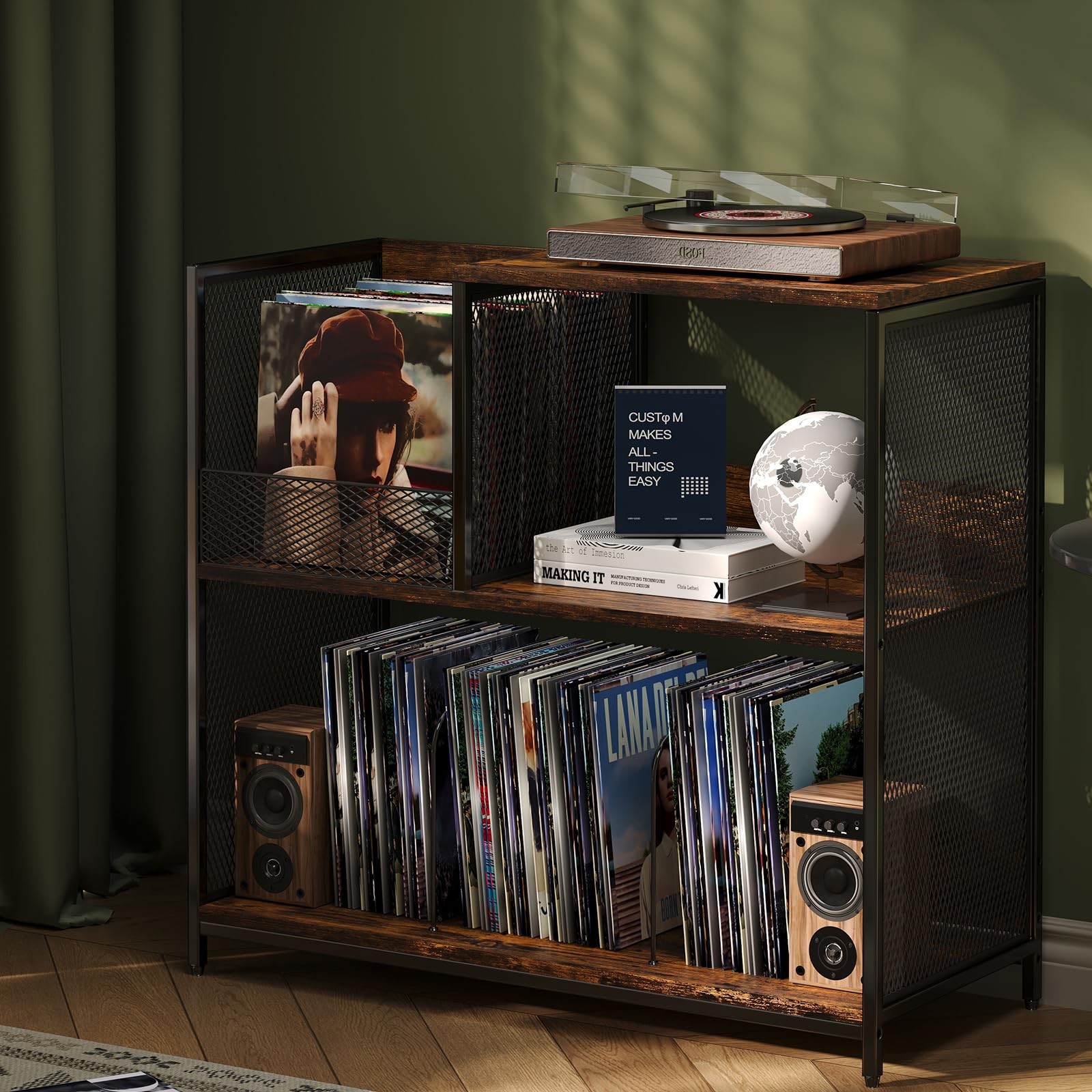 3 Tier Record Player Stand Holds 300 Albums with 4 Adjustable Dividers