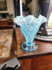 Vintage Blue Opalescent Hobnail Ruffled Vase 5 1/2" Tall