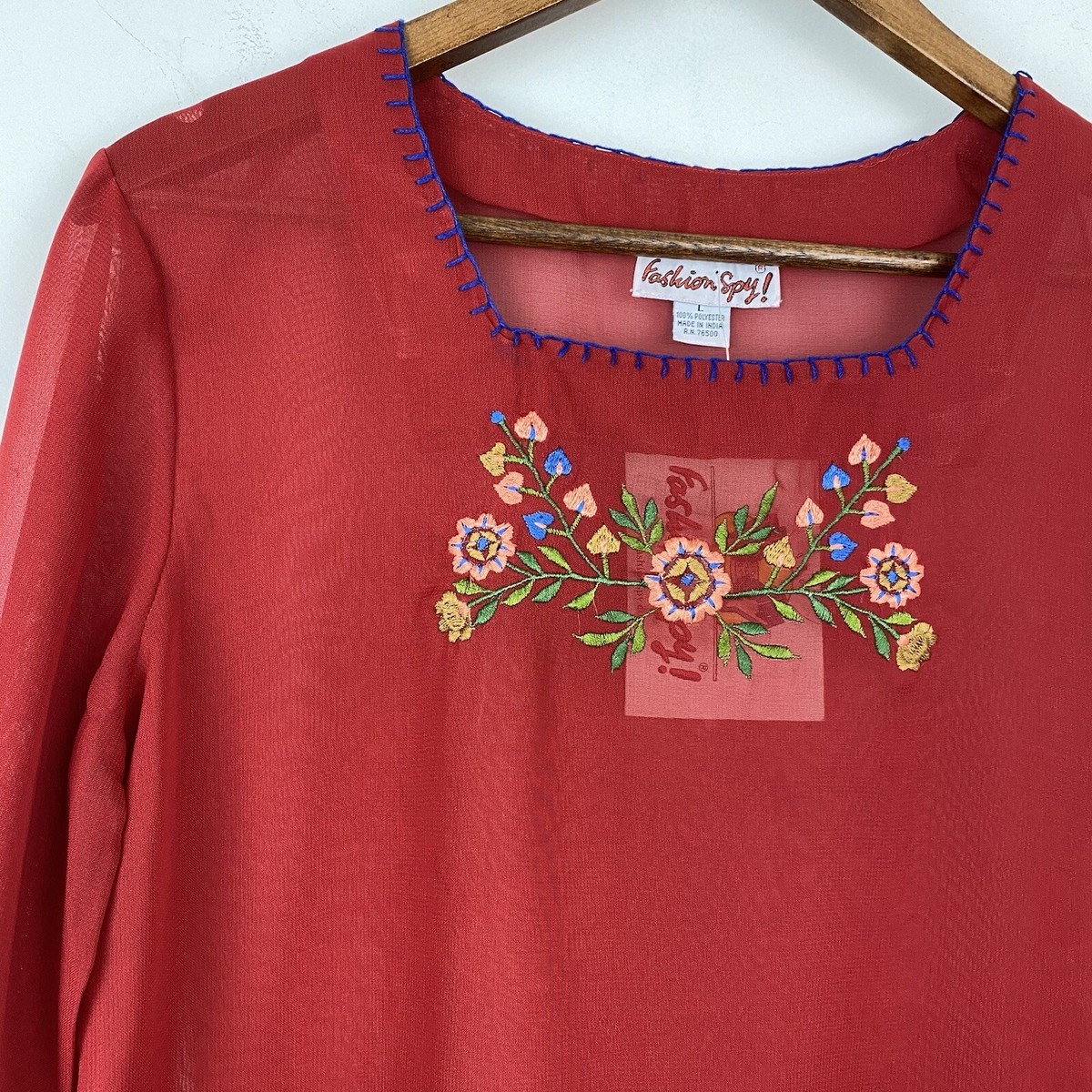 Vintage Fashion Spy Sz Small Women's Red Floral Embroidered Long