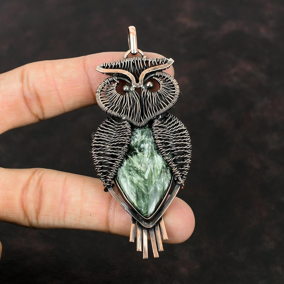 Colgante de búho envuelto en alambre regalo cobre piedras preciosas de serafinita 3,46" Foto 2 de 4